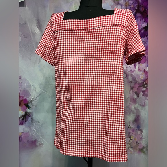 XS Lands End square Neck Gingham red/white tunic shortsleeved top pre loved - Picture 3 of 3